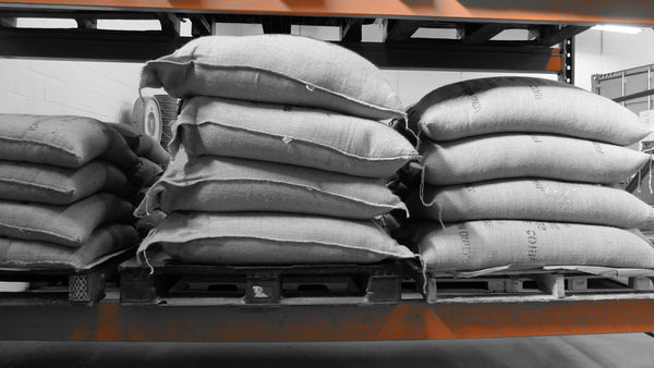 Image of 69 kg burlap coffee bags filled with green coffee on an industrial rack